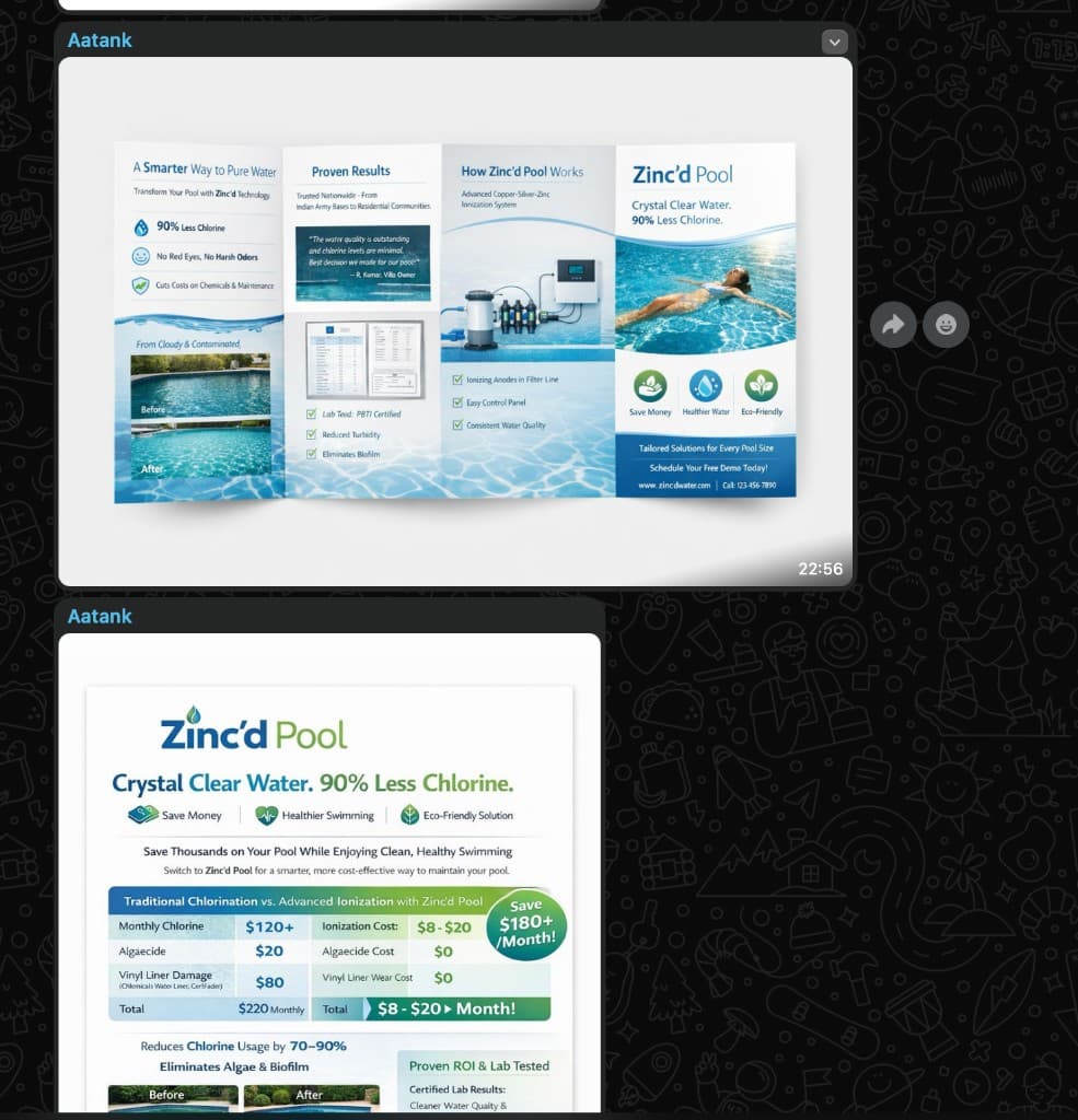 Pool brochure foldout with treatment process and result framing