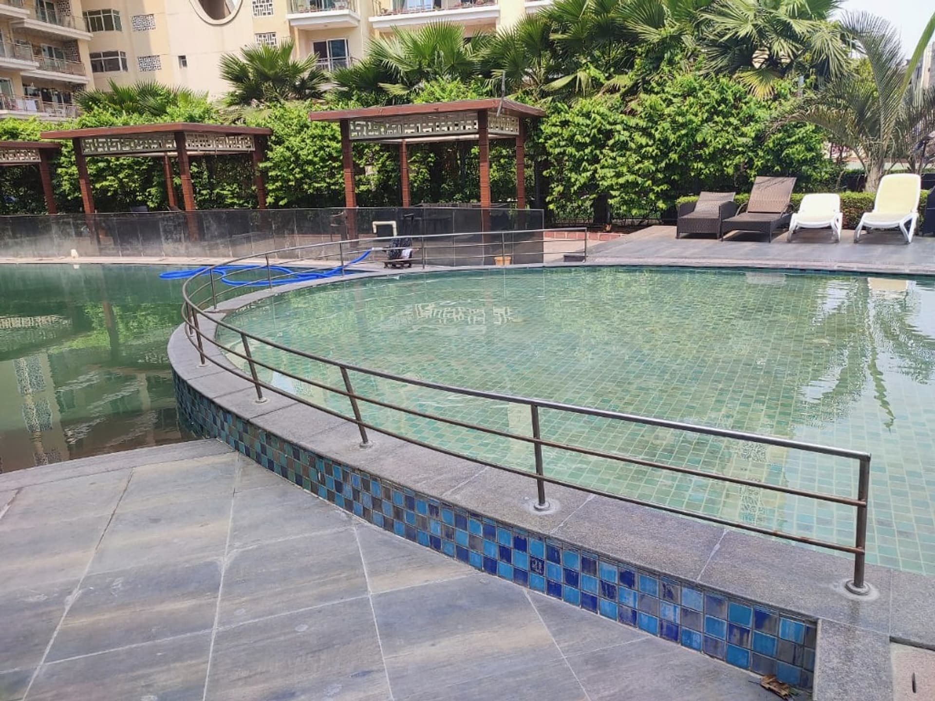 Residential pool installation with clear water and garden edge